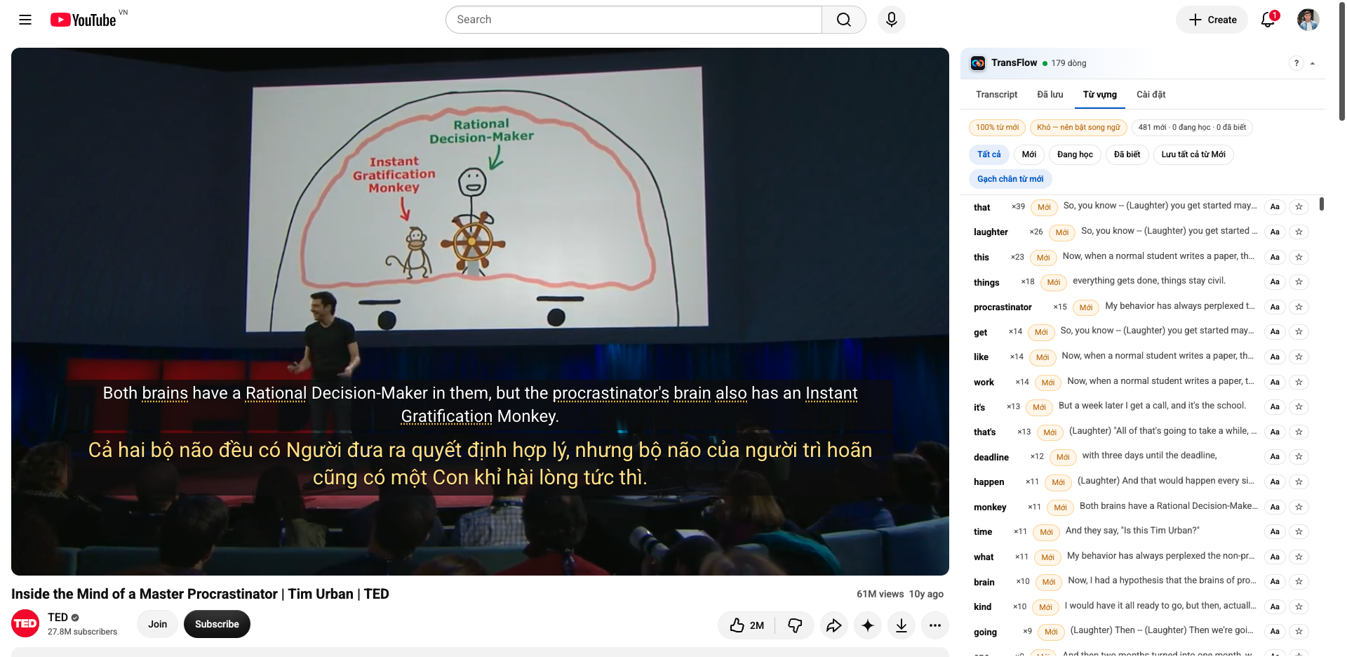 Bilingual subtitles on YouTube, built for learners — click a word, drill with keys, export .srt.
